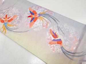 尾長鳥に花模様織り出し　袋帯